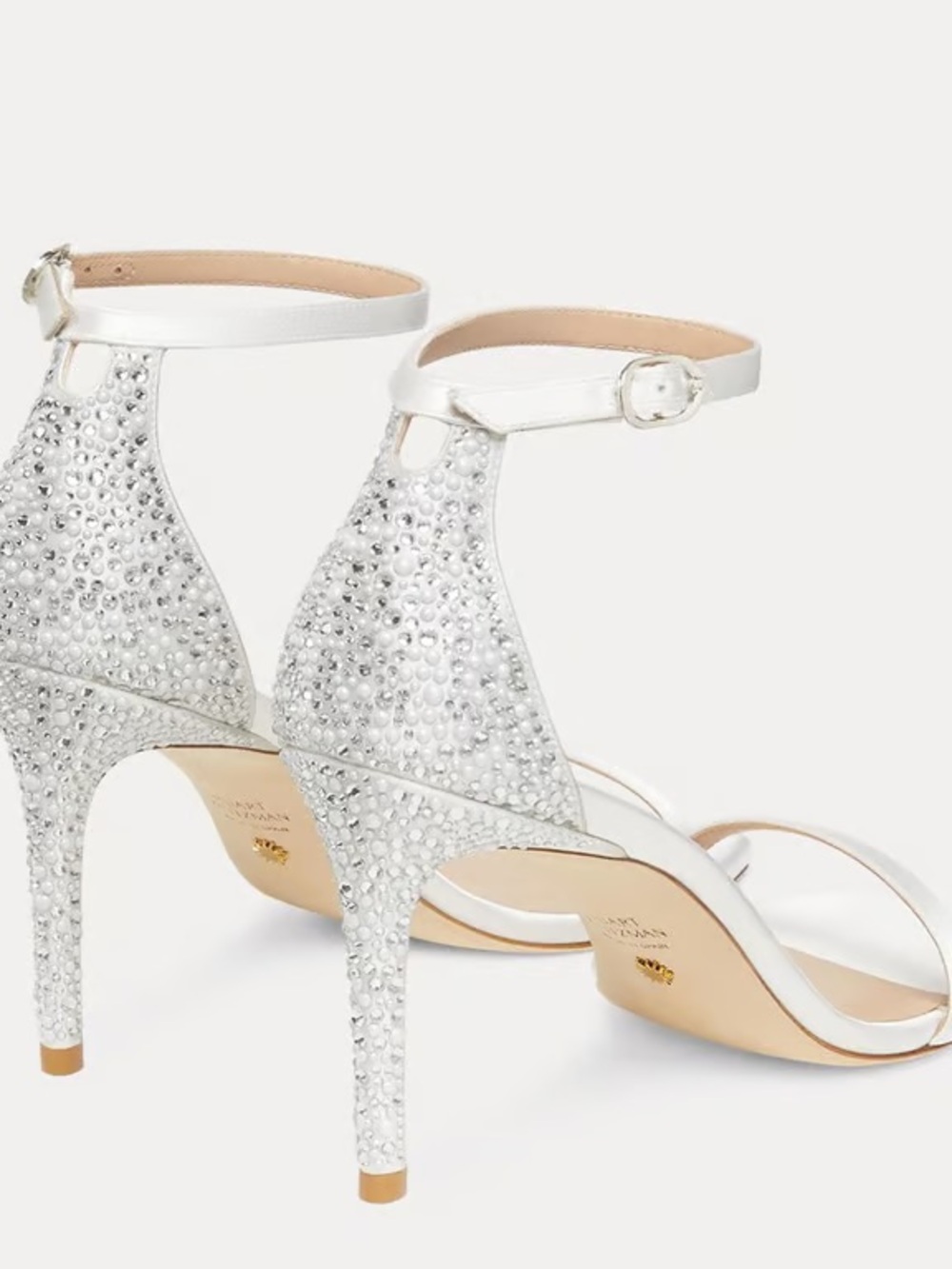 Stuart Weitzman White Crystal-Embellished Ankle-Strap Heels